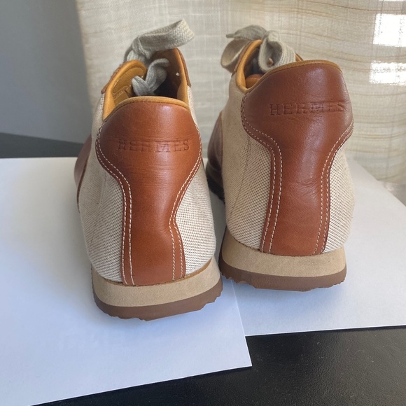 Hermes brown leather beige canvas fashion sneakers trainers size 38 Italy H logo - Picture 5 of 8